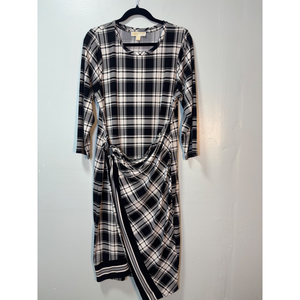 Michael Kors Black White Plaid Faux Wrap Midi Dress OX Business Office